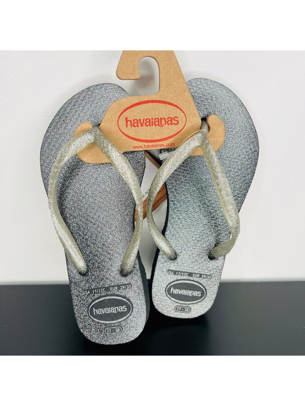 NWT Havaianas Girl Silver And Black Sparkle Shimmer Flip Flop Sandals 11/12